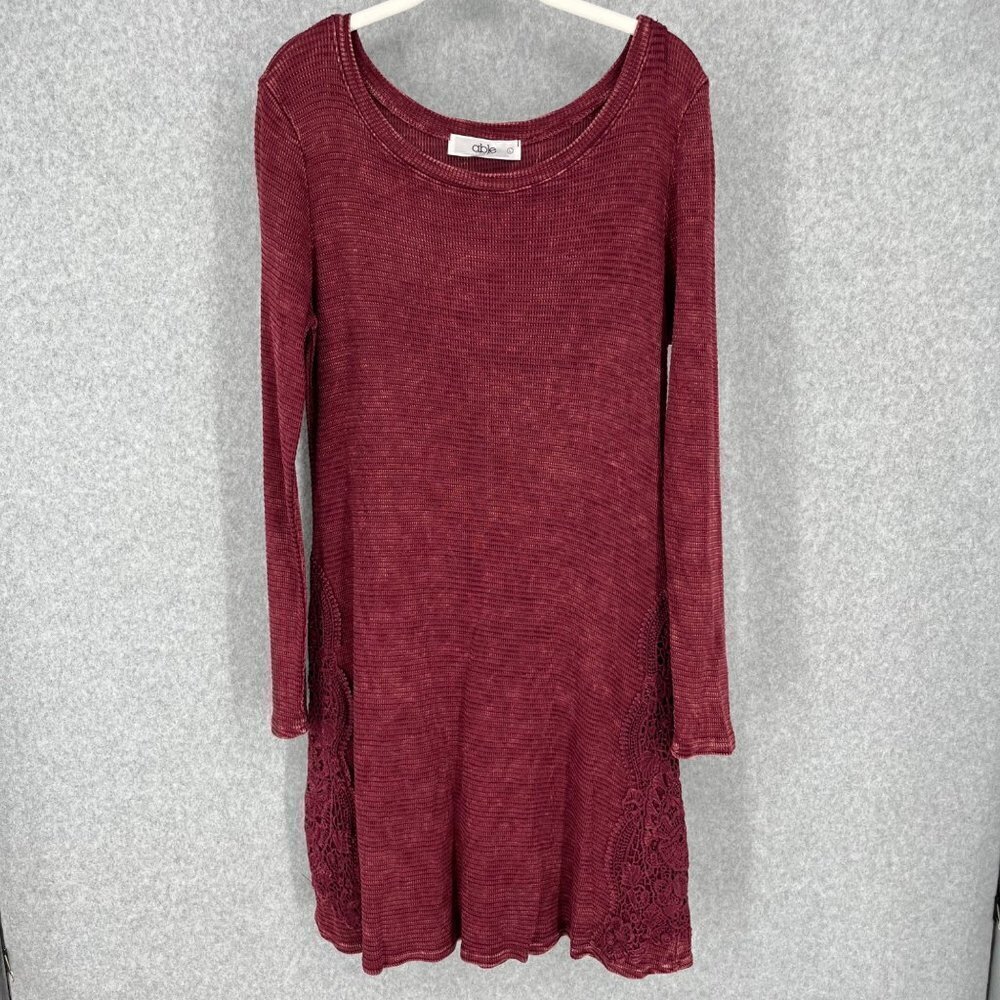 Able Womens Long Sleeve Waffle Knit Dress Size L Red Crochet Boho Thermal USA